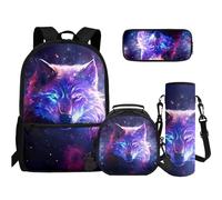 TOADDMOS Ensemble de sac à livres 4 en 1 pour lycée, trousse à crayons, bouteille d'eau, sac à bandoulière pour adolescents, filles, garçons, primaire, collège, Univers Wolf Shine, Sacs à dos