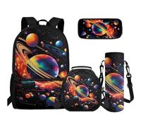 TOADDMOS Ensemble de sac à livres 4 en 1 pour lycée, trousse à crayons, bouteille d'eau, sac à bandoulière pour adolescents, filles, garçons, primaire, collège, Planètes de l'univers, Sacs à dos