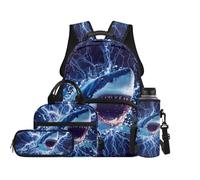 TOADDMOS Ensemble sac à dos 4 pièces pour enfants avec sac à déjeuner, sac à stylos et porte-bouteille d'eau grande capacité pour garçons et filles, Cool Shark Lightning, Moderne