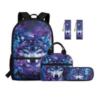 TOADDMOS Ensemble sac à dos 5 pièces avec sac à déjeuner, trousse à crayons et 2 marque-pages pour enfants du primaire, Galaxy Wolf., Moderne