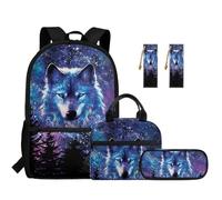 TOADDMOS Ensemble sac à dos 5 pièces pour enfants avec sac à déjeuner, trousse à crayons, marque-page 2 pièces pour école primaire primaire et collège, Galaxy Wolf., Moderne