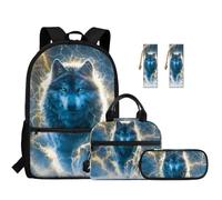 TOADDMOS Ensemble sac à dos 5 pièces pour enfants avec sac à déjeuner, trousse à crayons, marque-page 2 pièces pour école primaire primaire et collège, Cool Wolf Lightning, Moderne