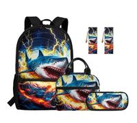 TOADDMOS Ensemble sac à dos 5 pièces pour enfants avec sac à déjeuner, trousse à crayons, marque-page 2 pièces pour école primaire primaire et collège, Cool Shark Lightning, Moderne