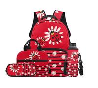 TOADDMOS Ensemble sac à dos d'école 4 pièces avec sac à déjeuner, sac à stylos, porte-bouteille d'eau avec compartiments, cadeau pour filles et garçons, Ladybug Daisy, Moderne