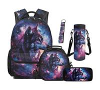 TOADDMOS Ensemble sac à dos d'école 5 pièces avec boîte à déjeuner, trousse, sac à eau, sac à eau, cordon et porte-clés pour école primaire, Galaxy Wolf., Moderne