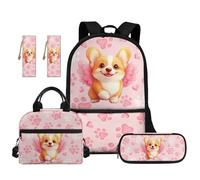 TOADDMOS Ensemble sac à dos d'école 5 pièces avec sac à déjeuner portable, trousse à crayons, 2 marque-pages pour école primaire, Adorable ange Corgi, Moderne