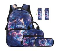 TOADDMOS Ensemble sac à dos d'école 5 pièces avec sac à déjeuner portable, trousse à crayons, 2 marque-pages, sac à livres de grande capacité pour les voyages, Galaxy Wolf., Moderne