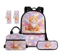 TOADDMOS Ensemble sac à dos d'école 5 pièces avec sac à déjeuner portable, trousse à crayons, 2 marque-pages pour école primaire, Chat d'ange, Moderne