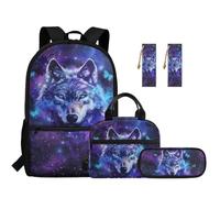 TOADDMOS Ensemble sac à dos d'école 5 pièces avec sac à déjeuner, sac à stylos, marque-page et compartiments pour l'école primaire, Galaxy Wolf., Moderne