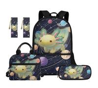 TOADDMOS Ensemble sac à dos d'école 5 pièces avec sac à déjeuner, sac à stylos, marque-page et compartiments pour l'école primaire, Planètes Axolotl, Moderne