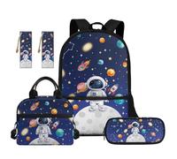 TOADDMOS Ensemble sac à dos d'école 5 pièces avec sac à déjeuner, sac à stylos, marque-page et compartiments pour l'école primaire, Planètes astronautes, Moderne