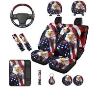 TOADDMOS Flag Eagles Lot de 14 housses de siège de voiture avec housse de volant, console centrale de voiture, coussinets de ceinture de sécurité, housses d'appui-tête de voiture en tissu polyester