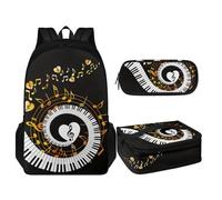 TOADDMOS Lot de 3 sacs à dos pour enfants avec boîte à déjeuner isotherme et trousse à crayons, Clavier piano notes de musique, Sacs à dos