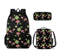 TOADDMOS Lot de 3 sacs à dos pour enfants avec sac à déjeuner et trousse à crayons pour élèves du primaire, Grenouille champignon, Sacs à dos