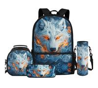 TOADDMOS Lot de 4 sacs à dos avec sac à déjeuner, trousse à crayons, bouteille d'eau, sac à bandoulière pour enfants, garçons, filles, étudiants, rentrée scolaire, Fire Wolf., Sacs à dos