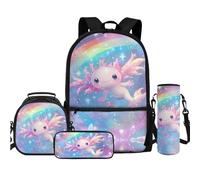 TOADDMOS Lot de 4 sacs à dos avec sac à déjeuner, trousse à crayons, bouteille d'eau, sac à bandoulière pour enfants, garçons, filles, étudiants, rentrée scolaire, Axolotl arc-en-ciel, Sacs à dos