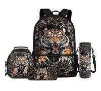 TOADDMOS Lot de 4 sacs à dos avec sac à déjeuner, trousse à crayons, bouteille d'eau, sac à bandoulière pour enfants, garçons, filles, étudiants, rentrée scolaire, Tigre de chasse camouflage, Sacs à
