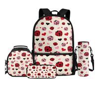 TOADDMOS Lot de 4 sacs à dos avec sac à déjeuner, trousse à crayons, bouteille d'eau, sac à bandoulière pour enfants, garçons, filles, étudiants, rentrée scolaire, Coccinelle cœur, Sacs à dos