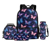 TOADDMOS Lot de 4 sacs à dos avec sac à déjeuner, trousse à crayons, bouteille d'eau, sac à bandoulière pour enfants, garçons, filles, étudiants, rentrée scolaire, Papillon rose bleu, Sacs à dos