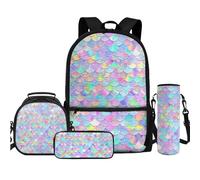 TOADDMOS Lot de 4 sacs à dos avec sac à déjeuner, trousse à crayons, bouteille d'eau, sac à bandoulière pour enfants, garçons, filles, étudiants, rentrée scolaire, Écailles de poisson arc-en-ciel