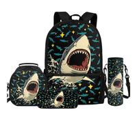 TOADDMOS Lot de 4 sacs à dos avec sac à déjeuner, trousse à crayons, bouteille d'eau, sac à bandoulière pour enfants, garçons, filles, étudiants, rentrée scolaire, Big Shark, Sacs à dos