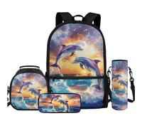 TOADDMOS Lot de 4 sacs à dos avec sac à déjeuner, trousse à crayons, bouteille d'eau, sac à bandoulière pour enfants, garçons, filles, étudiants, rentrée scolaire, Dauphin arc-en-ciel coucher de