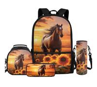 TOADDMOS Lot de 4 sacs à dos avec sac à déjeuner, trousse à crayons, bouteille d'eau, sac à bandoulière pour enfants, garçons, filles, étudiants, rentrée scolaire, Cheval tournesol coucher de soleil