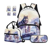 TOADDMOS Lot de 5 sacs à dos d'école avec sac à déjeuner portable, trousse à crayons multifonctionnelle, 2 marque-pages, joli sac à livres pour enfants, Cool Wolf, Moderne