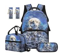 TOADDMOS Lot de 5 sacs à dos d'école de grande capacité avec sac à déjeuner, trousse à crayons, marque-page 2 pièces pour enfants, adolescents, tout-petits, Cool Wolf, Moderne