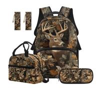 TOADDMOS Lot de 5 sacs à dos d'école de grande capacité avec sac à déjeuner, trousse à crayons, marque-page 2 pièces pour enfants, adolescents, tout-petits, Forêt camouflage cerf, Moderne