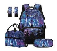 TOADDMOS Lot de 5 sacs à dos mignons pour enfants avec boîte à déjeuner, trousse à crayons et 2 marque-pages légers pour l'école, Galaxy Wolf., Moderne
