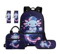 TOADDMOS Lot de 5 sacs à dos pour enfants avec sac à déjeuner portable, trousse à crayons, marque-page 2 pièces pour école primaire et collège, Planètes Axolotl, Moderne