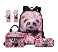 TOADDMOS Lot de 5 sacs à dos pour enfants avec sac à déjeuner, trousse à crayons, 2 marque-pages pour enfants, adolescents, école primaire et collège, Panda Cherry Blossom, Moderne