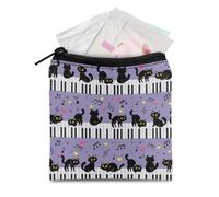 TOADDMOS Petit sac de rangement pour serviettes hygiéniques avec fermeture éclair - Motif chat et notes de musique - Clavier de piano - Sac à main de voyage - Sac à main de maquillage - Porte-monnaie