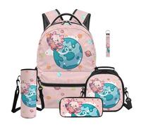 TOADDMOS Sac à dos 5 pièces pour filles avec sac à déjeuner, trousse à crayons, sac à bouteille d'eau, cordon porte-clés avec compartiments, Planètes Axolotl, Moderne