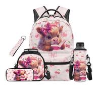 TOADDMOS Sac à dos 5 pièces pour garçons avec sac à déjeuner, trousse à crayons, sac à bouteille d'eau, cordon porte-clés avec compartiments, Highland Cow Cherry, Moderne