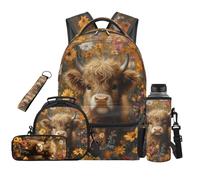 TOADDMOS Sac à dos 5 pièces pour garçons avec sac à déjeuner, trousse à crayons, sac à bouteille d'eau, cordon porte-clés avec compartiments, Highland Cow Florals, Moderne