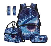 TOADDMOS Sac à dos d'école 5 pièces pour enfants avec boîte à déjeuner, trousse à crayons multifonctionnelle, 2 pièces marque-page de grande capacité, Cool Shark., Moderne