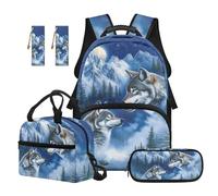 TOADDMOS Sac à dos d'école 5 pièces pour enfants avec boîte à déjeuner, trousse à crayons multifonctionnelle, 2 pièces marque-page de grande capacité, Wolf Mountain, Moderne