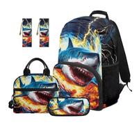 TOADDMOS Sac à dos d'école 5 pièces pour enfants avec boîte à déjeuner, trousse à crayons multifonctionnelle, 2 pièces marque-page de grande capacité, Cool Shark., Moderne