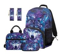TOADDMOS Sac à dos d'école 5 pièces pour enfants avec boîte à déjeuner, trousse à crayons multifonctionnelle, 2 pièces marque-page de grande capacité, Galaxy Wolf., Moderne