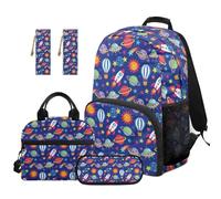 TOADDMOS Sac à dos d'école 5 pièces pour enfants avec boîte à déjeuner, trousse à crayons multifonctionnelle, 2 pièces marque-page sac de grande capacité, Planètes Étoiles, Moderne