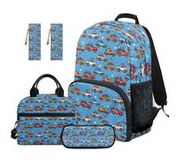 TOADDMOS Sac à dos d'école 5 pièces pour enfants avec boîte à déjeuner, trousse à crayons multifonctionnelle, 2 pièces marque-page sac de grande capacité, Cars de dessin animé., Moderne
