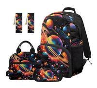 TOADDMOS Sac à dos d'école 5 pièces pour enfants avec boîte à déjeuner, trousse à crayons multifonctionnelle, 2 pièces marque-page sac de grande capacité, Planètes, Moderne