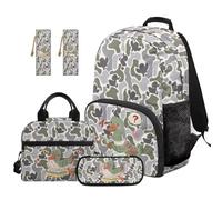 TOADDMOS Sac à dos d'école 5 pièces pour enfants avec boîte à déjeuner, trousse à crayons multifonctionnelle, 2 pièces marque-page sac de grande capacité, Camouflage Duck Hunter, Moderne