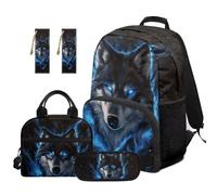 TOADDMOS Sac à dos d'école 5 pièces pour enfants avec boîte à déjeuner, trousse à crayons multifonctionnelle, 2 pièces marque-page de grande capacité, Cool Wolf, Moderne