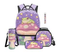 TOADDMOS Sac à dos pour enfants - 5 pièces - Avec sac à déjeuner, trousse à crayons, bouteille d'eau, cordon porte-clés, Grenouille endormie, Moderne