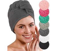 Toalla Turbante De Lujo De 2 Piezas Con Botón Para Pelo Corto Y Largo - 100% Algodón - 8 Elásticos Para El Pelo Gratis - Turbante De Secado Rápido Y Absorbente (Anthracite)