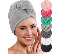 Toalla Turbante De Lujo De 2 Piezas Con Botón Para Pelo Corto Y Largo - 100% Algodón - 8 Elásticos Para El Pelo Gratis - Turbante De Secado Rápido Y Absorbente (Gris)
