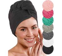Toalla Turbante De Lujo De 2 Piezas Con Botón Para Pelo Corto Y Largo - 100% Algodón - 8 Elásticos Para El Pelo Gratis - Turbante De Secado Rápido Y Absorbente (Noir)